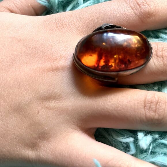 Vintage Large 925 Sterling Silver & Amber Ring Size 7.25 - Picture 7 of 12